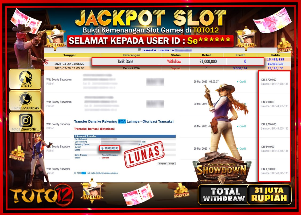 HANYA DI TOTO12 JP PASTI DI BAYAR LUNAS DAN CEPAT!!!!!! JACKPOT SLOT GAME (WILD BOUNTY SHOWDOWN) Rp.31.000.000!!!!
