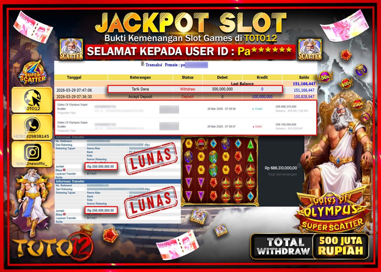 HANYA DI TOTO12 JP PASTI DI BAYAR LUNAS DAN CEPAT!!!!!! JACKPOT SLOT GAME (GATES OF OLYMPUS SUPER SCATTER) Rp.500.000.000!!!!