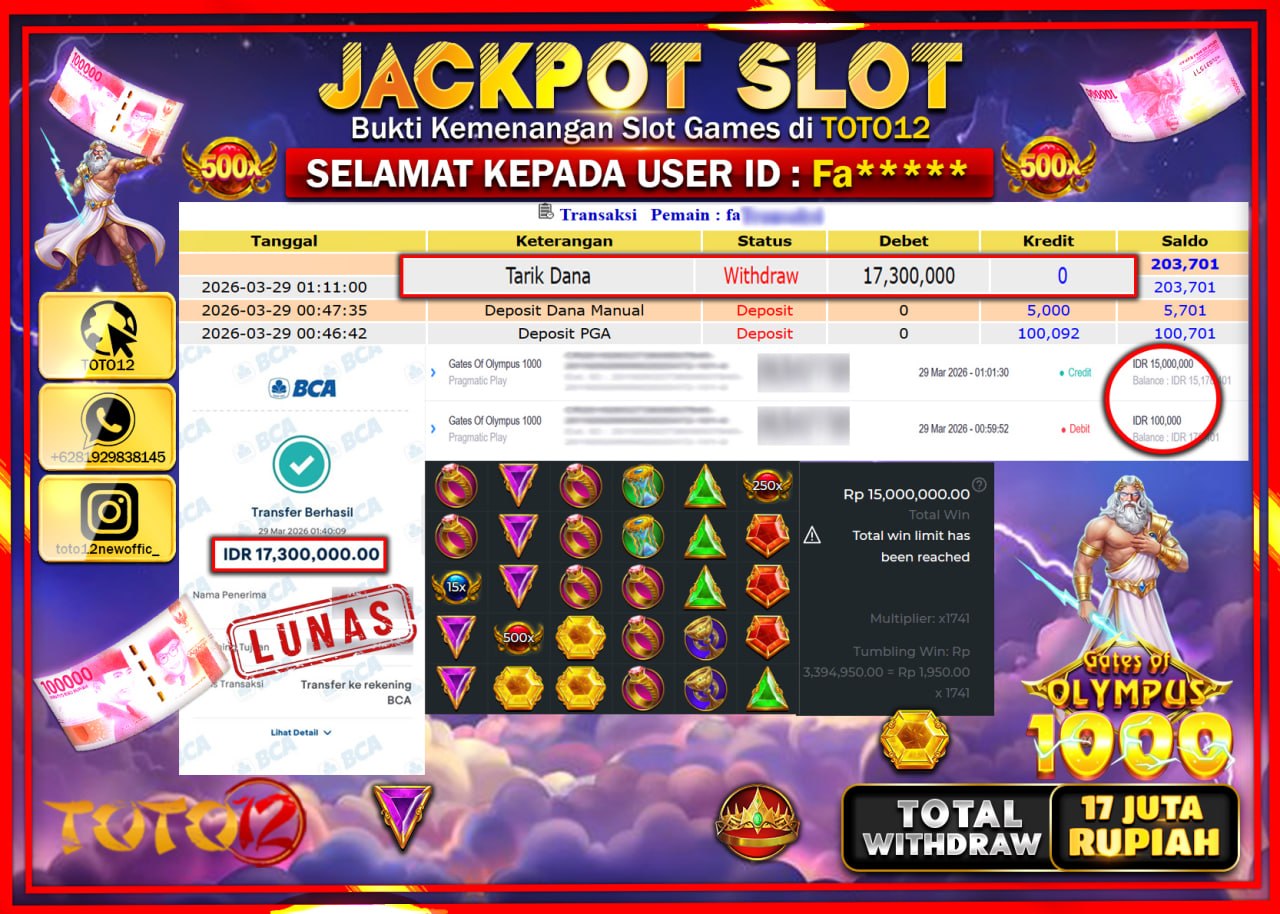 HANYA DI TOTO12 JP PASTI DI BAYAR LUNAS DAN CEPAT!!!!!! JACKPOT SLOT GAME (GATES OF OLYMPUS 1000) Rp.17.300.000!!!!