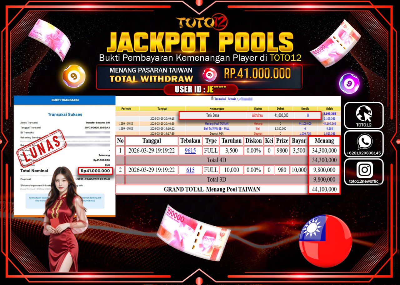 HANYA DI TOTO12 JP PASTI DI BAYAR LUNAS DAN CEPAT!!!!!! JACKPOT POOLS PASARAN( TAIWAN ) Rp.41.000.000!!!!