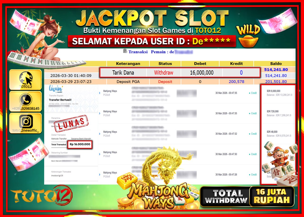 HANYA DI TOTO12 JP PASTI DI BAYAR LUNAS DAN CEPAT!!!!!! JACKPOT SLOT GAME (MAHJONG WAYS) Rp.16.000.000!!!!