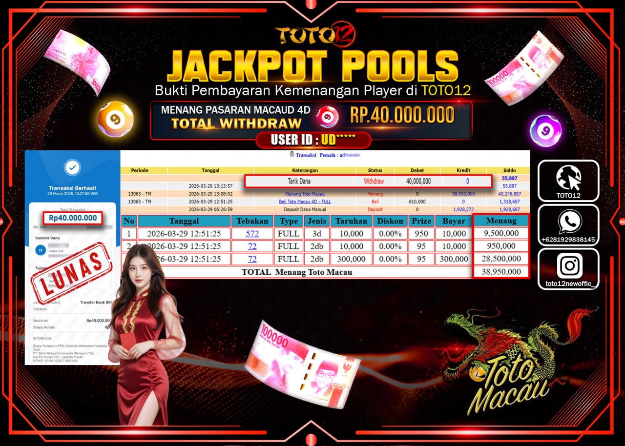 HANYA DI TOTO12 JP PASTI DI BAYAR LUNAS DAN CEPAT!!!!!! JACKPOT POOLS PASARAN(MACAU 4D) Rp.40.000.000!!!!
