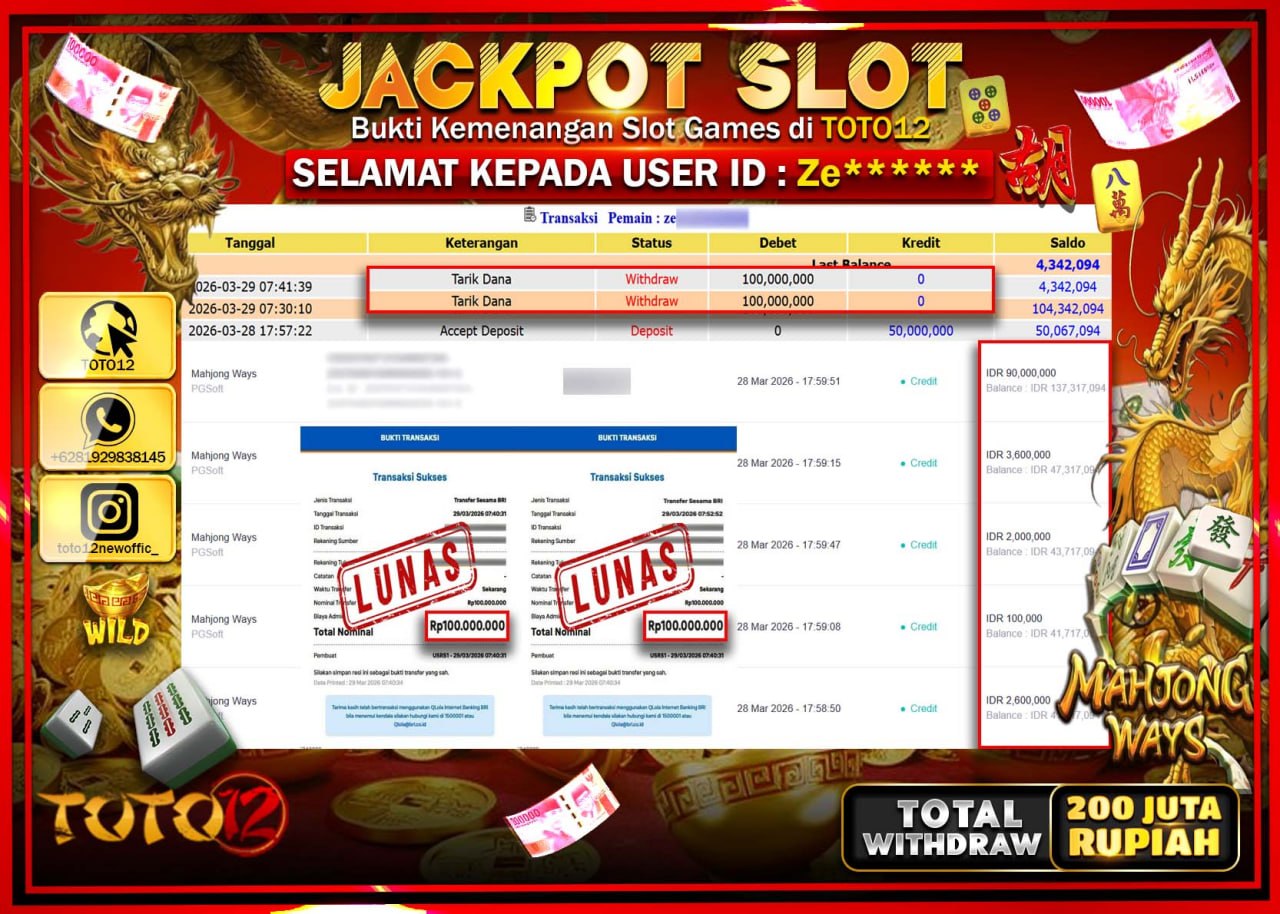 HANYA DI TOTO12 JP PASTI DI BAYAR LUNAS DAN CEPAT!!!!!! JACKPOT SLOT GAME (MAHJONG WAYS) Rp.200.000.000!!!!