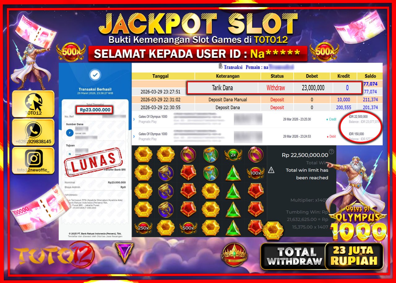 HANYA DI TOTO12 JP PASTI DI BAYAR LUNAS DAN CEPAT!!!!!! JACKPOT SLOT GAME (GATES OF OLYMPUS 1000) Rp.23.000.000!!!!