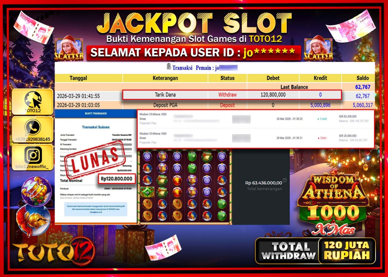 HANYA DI TOTO12 JP PASTI DI BAYAR LUNAS DAN CEPAT!!!!!! JACKPOT SLOT GAME (WISDOM ATHENA 1000 XMAS) Rp.120.800.000!!!!