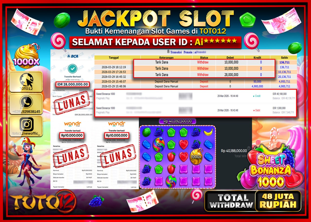 HANYA DI TOTO12 JP PASTI DI BAYAR LUNAS DAN CEPAT!!!!!! JACKPOT SLOT GAME (SWEET BONANZA 1000) Rp.48.000.000!!!!