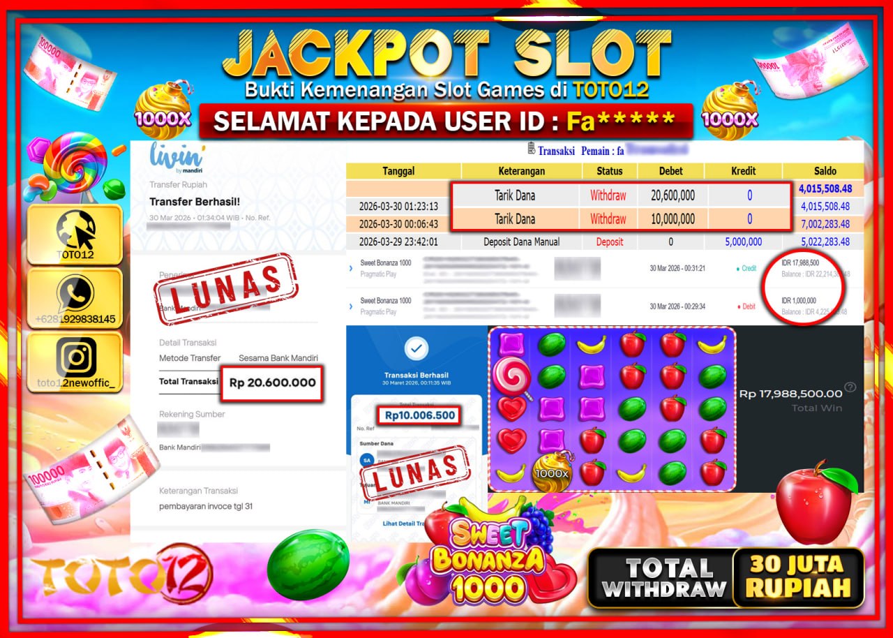 HANYA DI TOTO12 JP PASTI DI BAYAR LUNAS DAN CEPAT!!!!!! JACKPOT SLOT GAME (SWEET BONANZA 1000) Rp.30.600.000!!!!