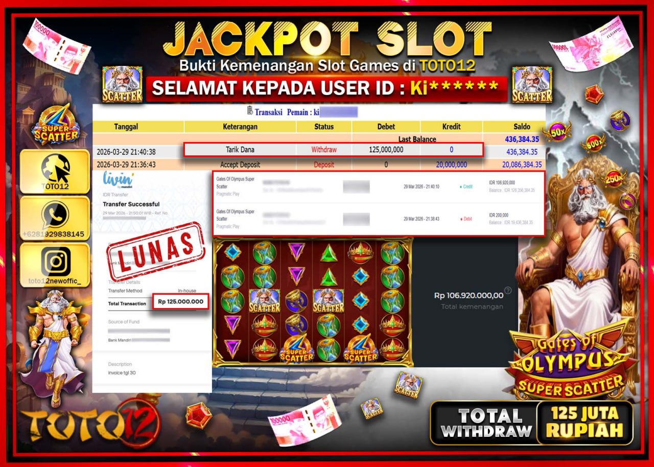 HANYA DI TOTO12 JP PASTI DI BAYAR LUNAS DAN CEPAT!!!!!! JACKPOT SLOT GAME (GATES OF OLYMPUS  SUPER SCATER) Rp.125.000.000!!!!