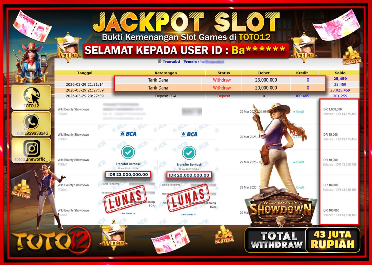 HANYA DI TOTO12 JP PASTI DI BAYAR LUNAS DAN CEPAT!!!!!! JACKPOT SLOT GAME (WILD BOUNTY SHOWDOWN) Rp.43.000.000!!!!