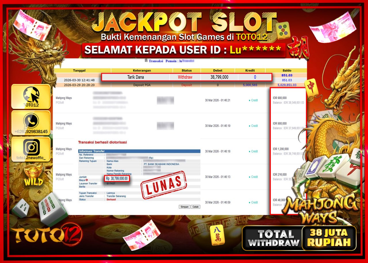 HANYA DI TOTO12 JP PASTI DI BAYAR LUNAS DAN CEPAT!!!!!! JACKPOT SLOT GAME (MAHJONG WAYS) Rp.38.799.000!!!!