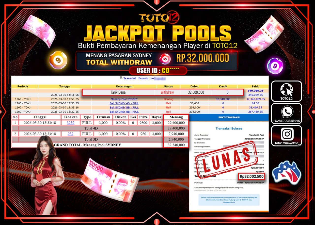 HANYA DI TOTO12 JP PASTI DI BAYAR LUNAS DAN CEPAT!!!!!! JACKPOT POOLS PASARAN( SYDNEY ) Rp.32.000.000!!!!