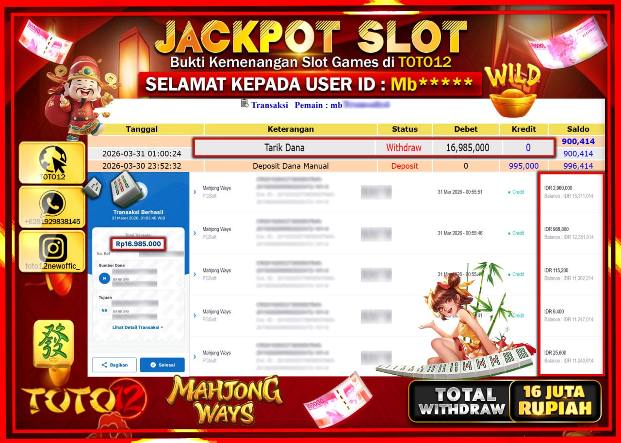HANYA DI TOTO12 JP PASTI DI BAYAR LUNAS DAN CEPAT!!!!!! JACKPOT SLOT GAME (MAHJONG WAYS) Rp.16.985.000!!!!