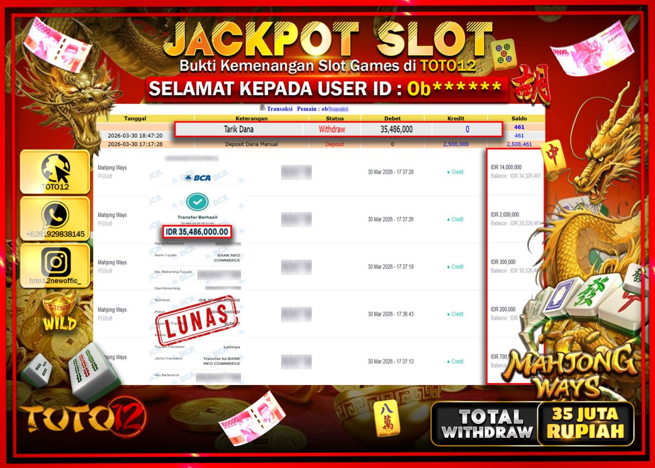 HANYA DI TOTO12 JP PASTI DI BAYAR LUNAS DAN CEPAT!!!!!! JACKPOT SLOT GAME (MAHJONG WAYS) Rp.35.486.000!!!!