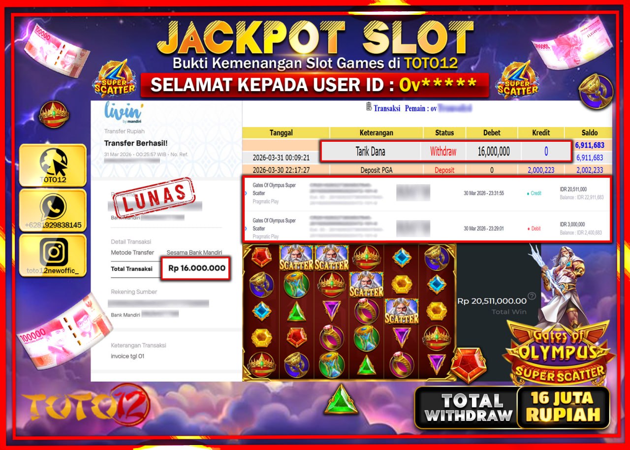 HANYA DI TOTO12 JP PASTI DI BAYAR LUNAS DAN CEPAT!!!!!! JACKPOT SLOT GAME (GATES OF OLYMPUS SUPER SCATTER) Rp.16.000.000!!!!