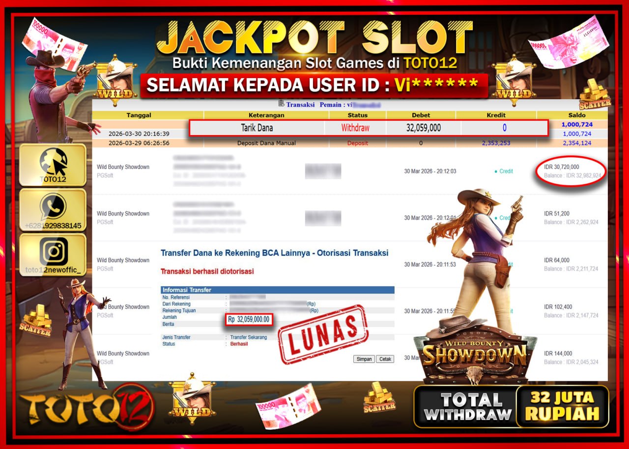 HANYA DI TOTO12 JP PASTI DI BAYAR LUNAS DAN CEPAT!!!!!! JACKPOT SLOT GAME (WILD BOUNTY SHOWDOWN) Rp.32.059.000!!!!