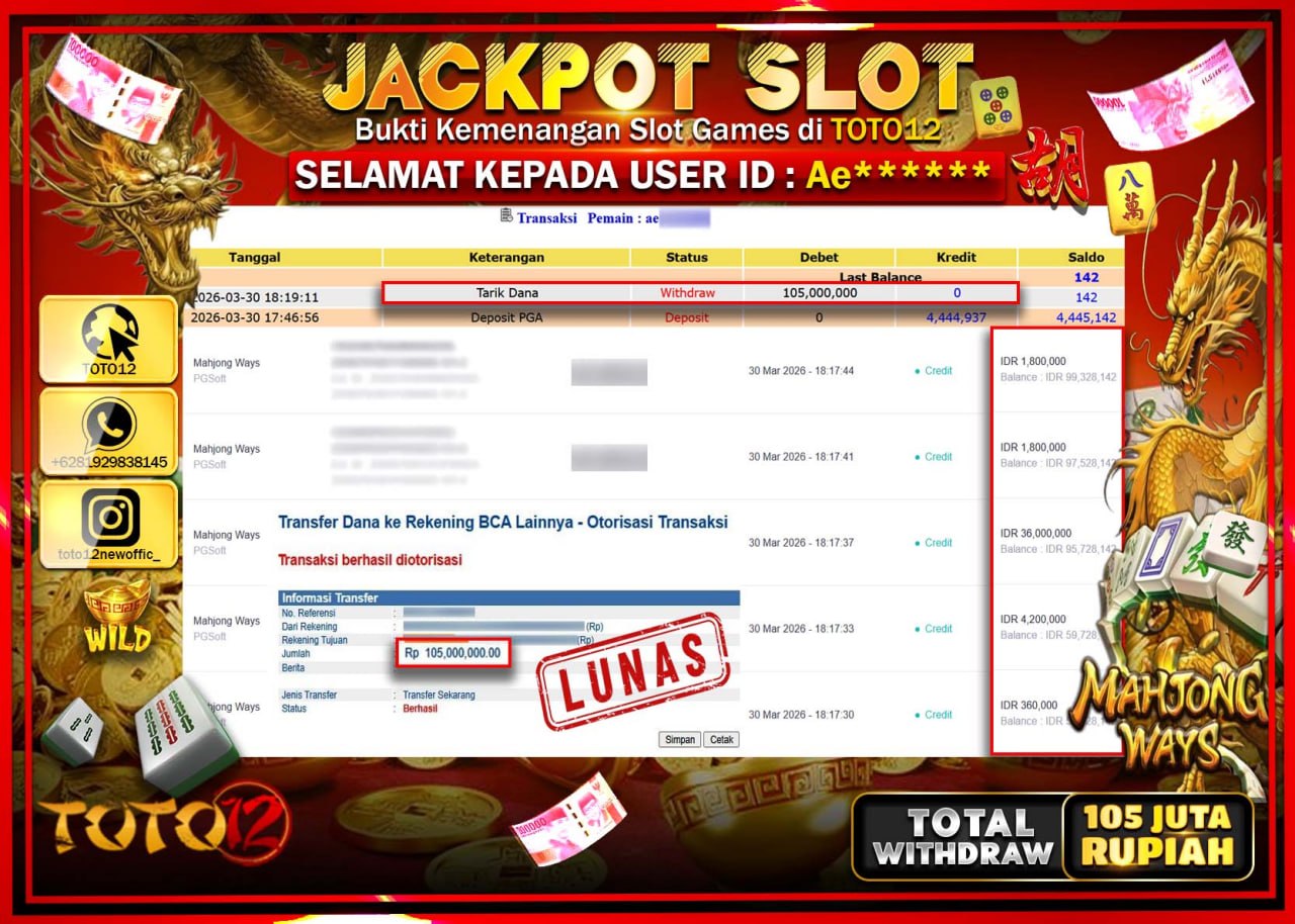 HANYA DI TOTO12 JP PASTI DI BAYAR LUNAS DAN CEPAT!!!!!! JACKPOT SLOT GAME (MAHJONG WAYS) Rp.105.000.000!!!!