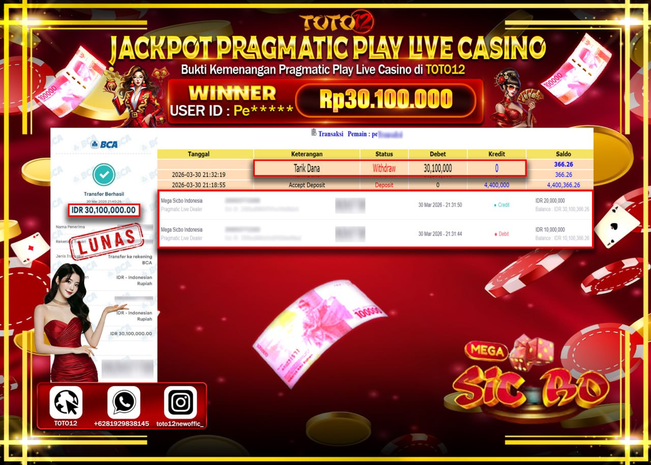 HANYA DI TOTO12 JP PASTI DI BAYAR LUNAS DAN CEPAT!!!!!! JACKPOT LIVE GAMES CASINO (MEGA SICBO INDONESIA) Rp.30.100.000!!!!