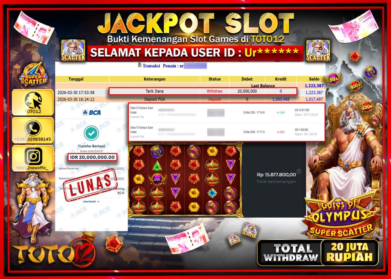 HANYA DI TOTO12 JP PASTI DI BAYAR LUNAS DAN CEPAT!!!!!! JACKPOT SLOT GAME (GATES OF OLYMPUS SUPER SCATTER) Rp.20.000.000!!!!