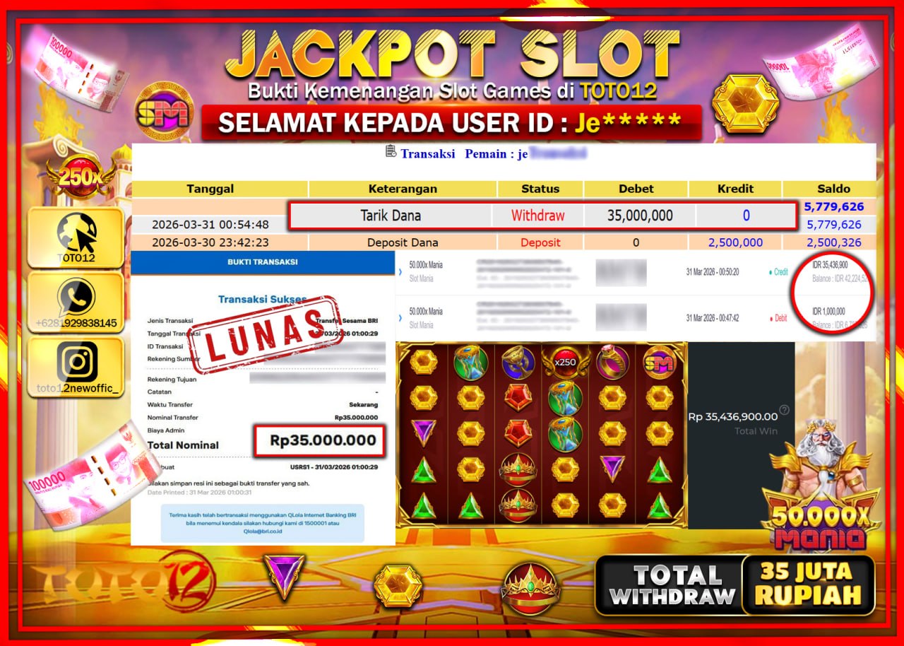 HANYA DI TOTO12 JP PASTI DI BAYAR LUNAS DAN CEPAT!!!!!! JACKPOT SLOT GAME (50.000X MANIA) Rp.35.000.000!!!!