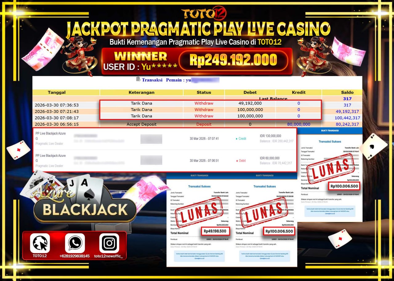 HANYA DI TOTO12 JP PASTI DI BAYAR LUNAS DAN CEPAT!!!!!! JACKPOT PRAGMATIC PLAY LIVE GAME CASINO (PP LIVE BLACKJACK AZURE G) Rp.249.192.000!!!!