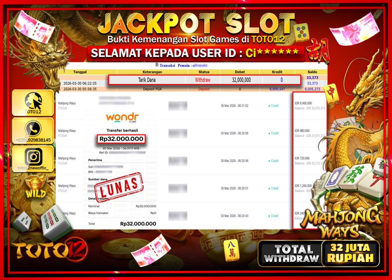 HANYA DI TOTO12 JP PASTI DI BAYAR LUNAS DAN CEPAT!!!!!! JACKPOT SLOT GAME (MAHJONG WAYS) Rp.32.000.000!!!!