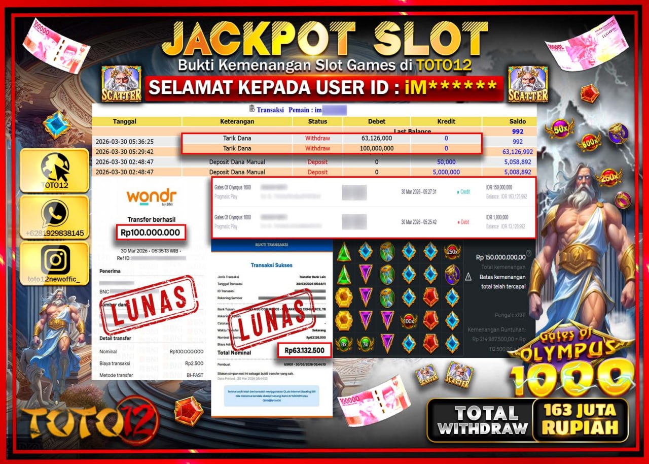 HANYA DI TOTO12 JP PASTI DI BAYAR LUNAS DAN CEPAT!!!!!! JACKPOT SLOT GAME (GATES OF OLYMPUS 1000) Rp.163.126.000!!!!