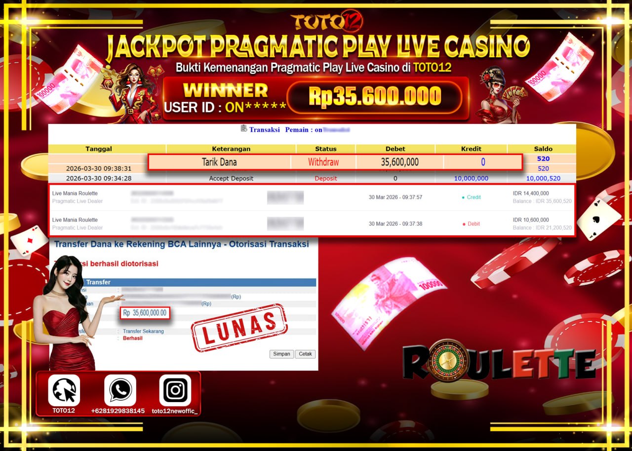 HANYA DI TOTO12 JP PASTI DI BAYAR LUNAS DAN CEPAT!!!!!! JACKPOT PRAGMATIC PLAY LIVE GAME CASINO (LIVE MANIA ROULETTE) Rp.35.000.000!!!!