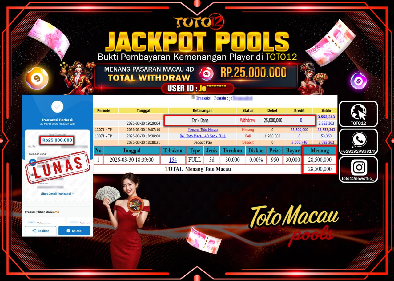 HANYA DI TOTO12 JP PASTI DI BAYAR LUNAS DAN CEPAT!!!!!! JACKPOT POOLS PASARAN(MACAU 4D) Rp.25.000.000!!!!