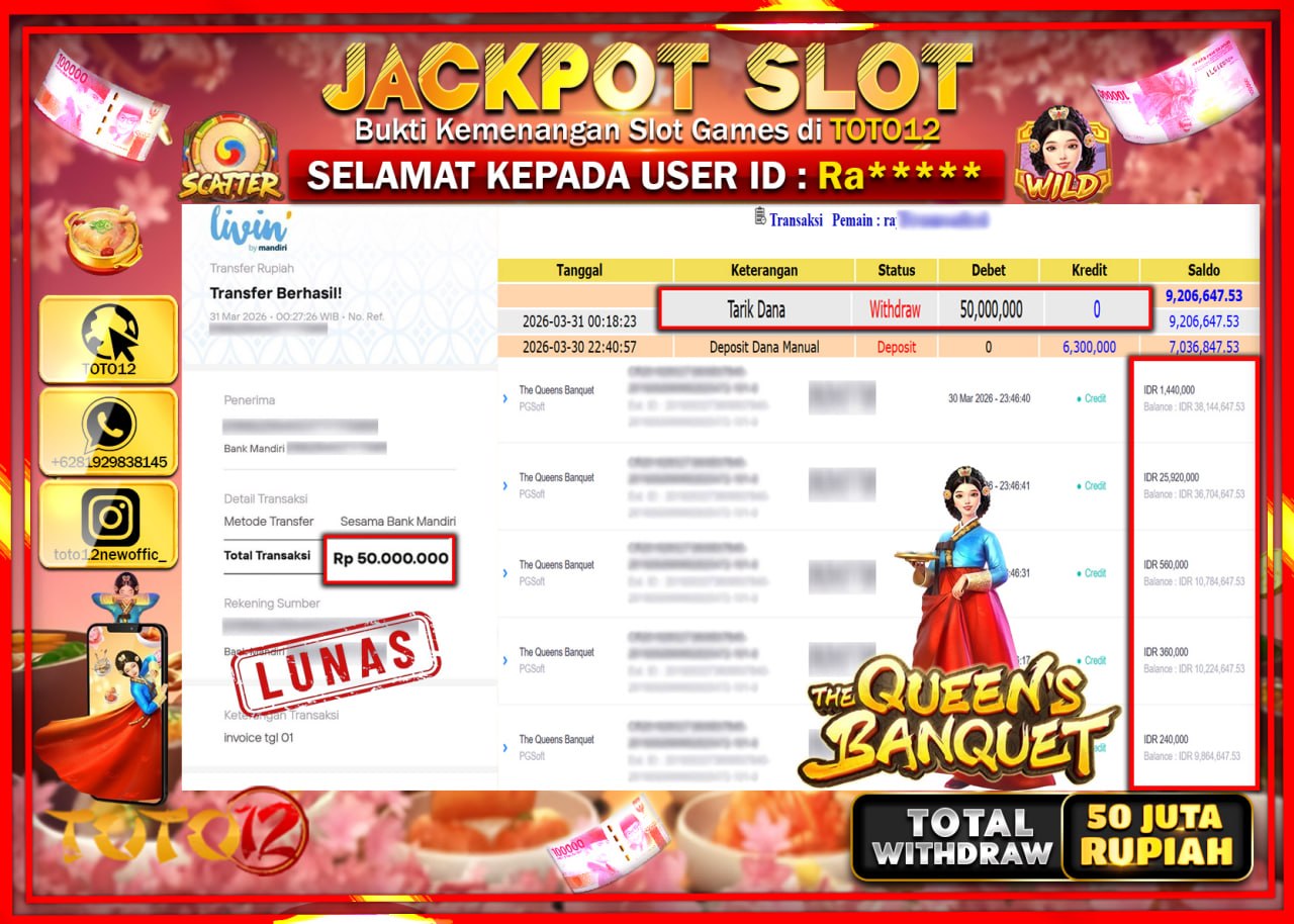 HANYA DI TOTO12 JP PASTI DI BAYAR LUNAS DAN CEPAT!!!!!! JACKPOT SLOT GAME (THE QUEENS BANGUET) Rp.50.000.000!!!!