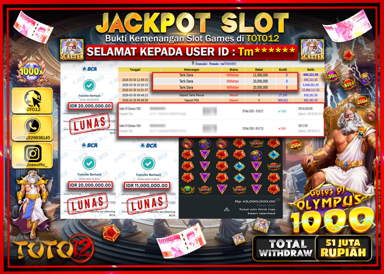 HANYA DI TOTO12 JP PASTI DI BAYAR LUNAS DAN CEPAT!!!!!! JACKPOT SLOT GAME (GATES OF OLYMPUS 1000) Rp.51.000.000!!!!