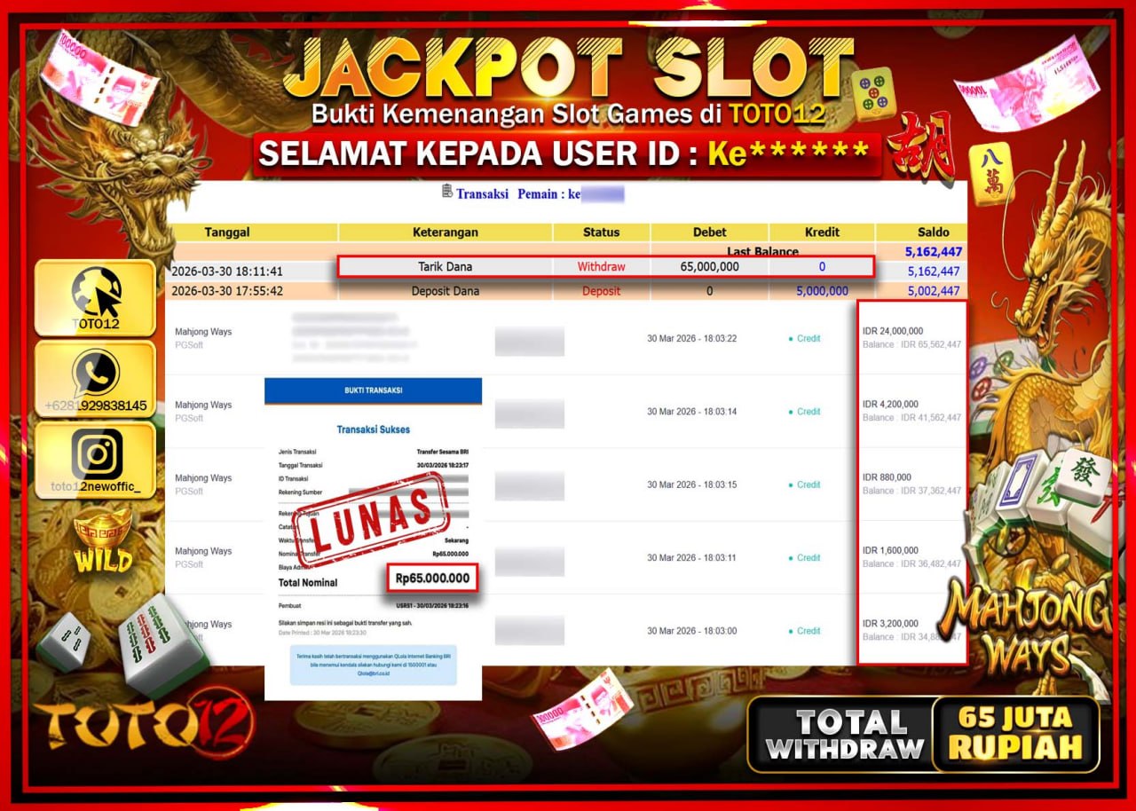 HANYA DI TOTO12 JP PASTI DI BAYAR LUNAS DAN CEPAT!!!!!! JACKPOT SLOT GAME (MAHJONG WAYS) Rp.65.000.000!!!!