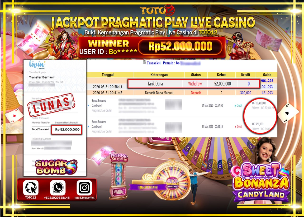 HANYA DI TOTO12 JP PASTI DI BAYAR LUNAS DAN CEPAT!!!!!! JACKPOT PRAGMATIC PLAY LIVE GAME CASINO (SWEET BONANZA CANDYLAND) Rp.52.000.000!!!!