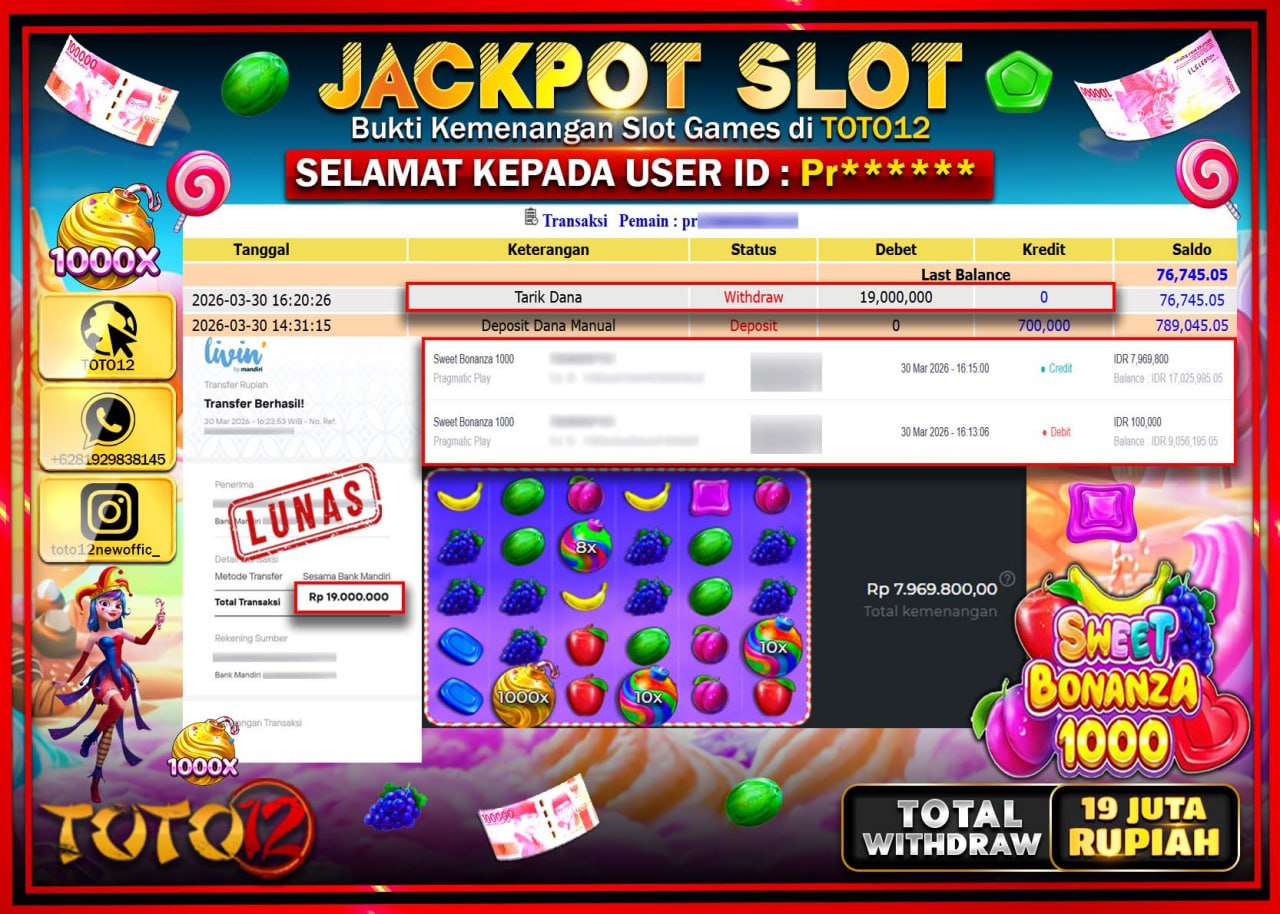 HANYA DI TOTO12 JP PASTI DI BAYAR LUNAS DAN CEPAT!!!!!! JACKPOT SLOT GAME (SWEET BONANZA 1000) Rp.19.000.000!!!!