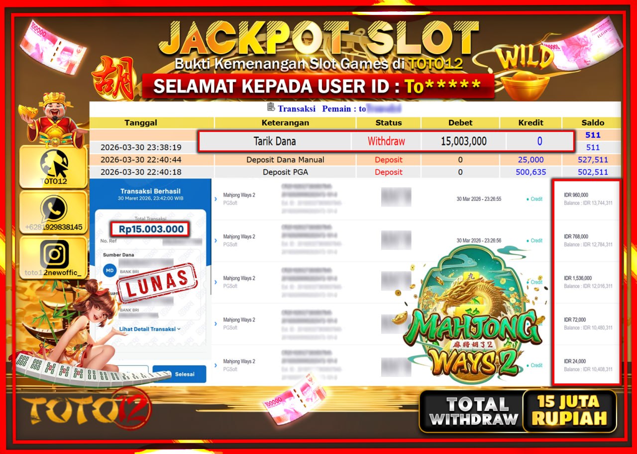 HANYA DI TOTO12 JP PASTI DI BAYAR LUNAS DAN CEPAT!!!!!! JACKPOT SLOT GAME (MAHJONG WAYS 2) Rp.15.003.000!!!!