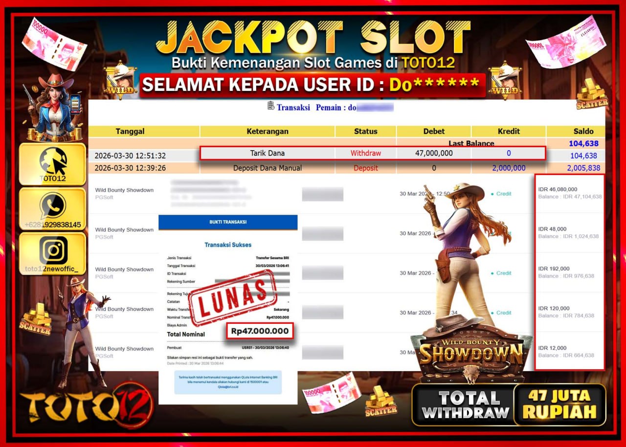 HANYA DI TOTO12 JP PASTI DI BAYAR LUNAS DAN CEPAT!!!!!! JACKPOT SLOT GAME (WILD BOUNTY SHOWDOWN) Rp.47.000.000!!!!