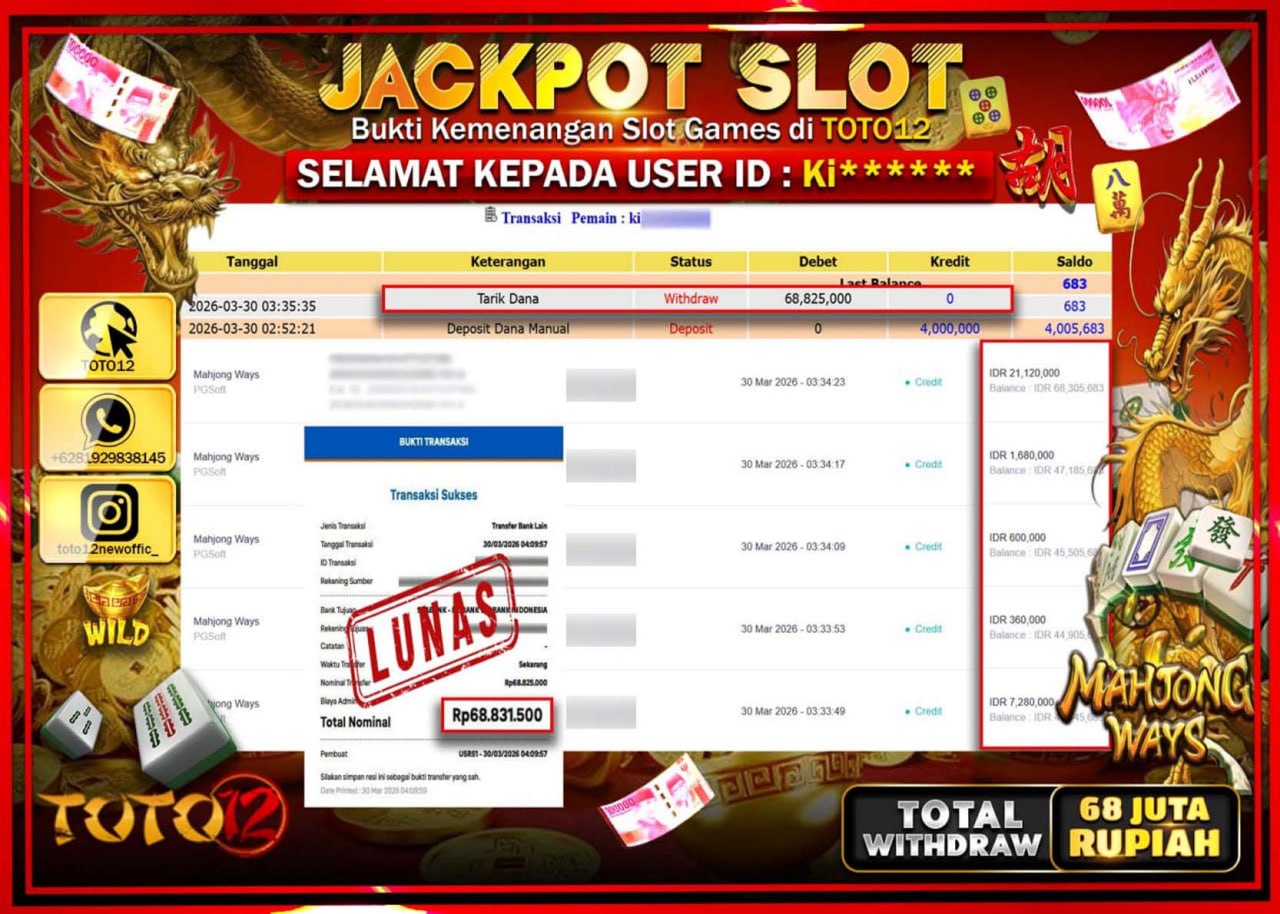 HANYA DI TOTO12 JP PASTI DI BAYAR LUNAS DAN CEPAT!!!!!! JACKPOT SLOT GAME (MAHJONG WAYS) Rp.68.825.000!!!!