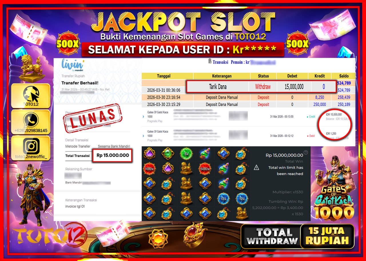 HANYA DI TOTO12 JP PASTI DI BAYAR LUNAS DAN CEPAT!!!!!! JACKPOT SLOT GAME (GATES OF GATOTKACA 1000) Rp.15.000.000!!!!