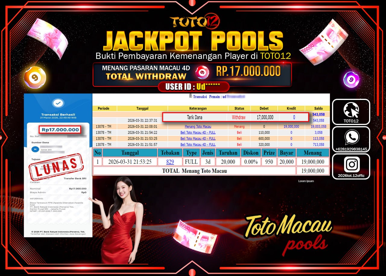 HANYA DI TOTO12 JP PASTI DI BAYAR LUNAS DAN CEPAT!!!!!! JACKPOT POOLS PASARAN(MACAU 4D) Rp.17.000.000!!!!