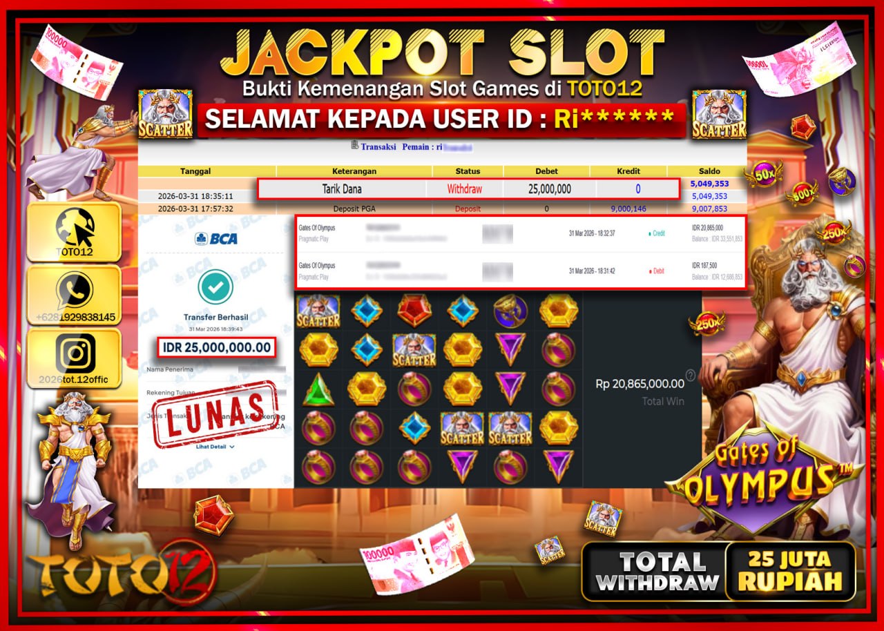 HANYA DI TOTO12 JP PASTI DI BAYAR LUNAS DAN CEPAT!!!!!! JACKPOT SLOT GAME (GATES OF OLYMPUS) Rp.25.000.000!!!!