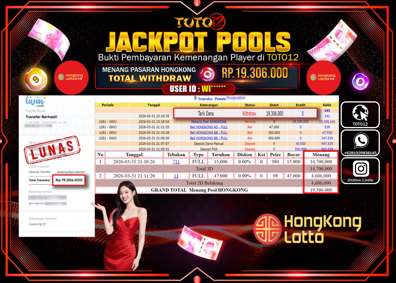 HANYA DI TOTO12 JP PASTI DI BAYAR LUNAS DAN CEPAT!!!!!! JACKPOT POOLS PASARAN(HONGKONG) Rp.19.306.000!!!!