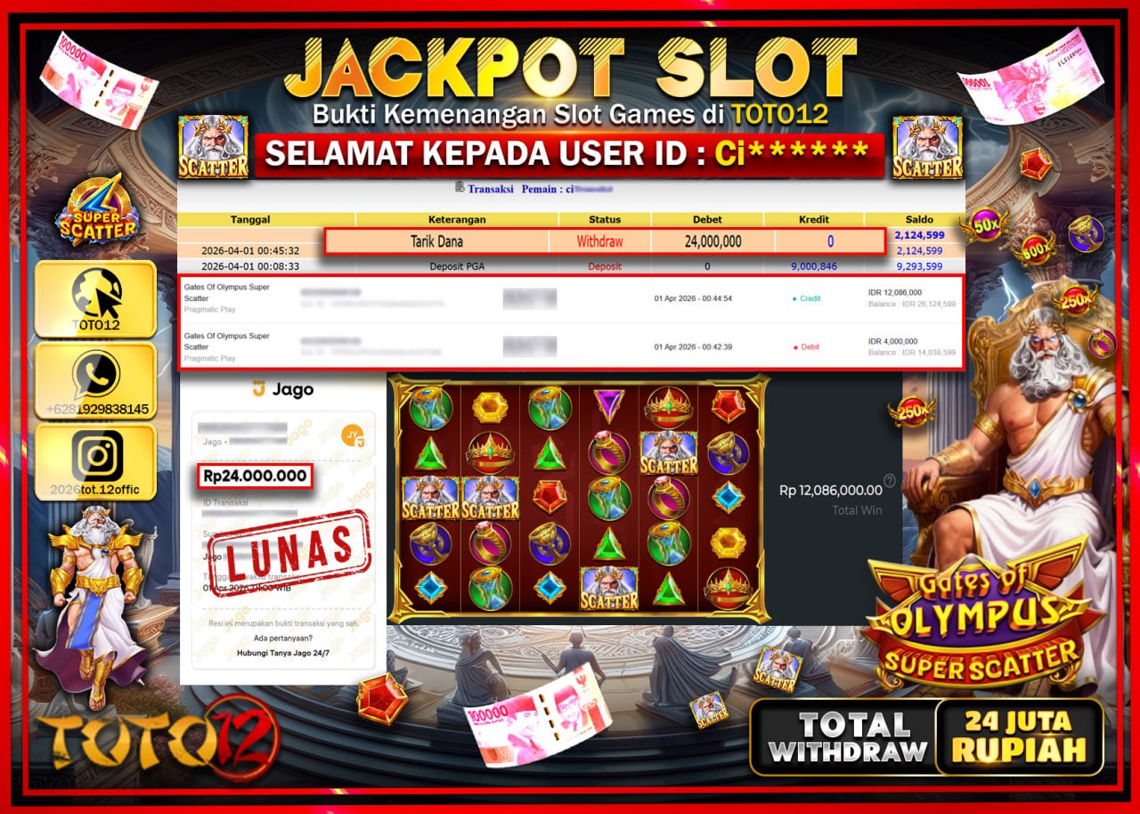 HANYA DI TOTO12 JP PASTI DI BAYAR LUNAS DAN CEPAT!!!!!! JACKPOT SLOT GAME (GATES OF OLYMPUS SUPER SCATTER) Rp.24.000.000!!!!