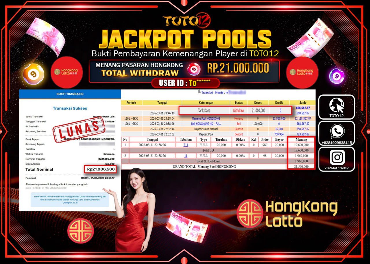 HANYA DI TOTO12 JP PASTI DI BAYAR LUNAS DAN CEPAT!!!!!! JACKPOT POOLS PASARAN(HONGKONG) Rp.21.000.000!!!!