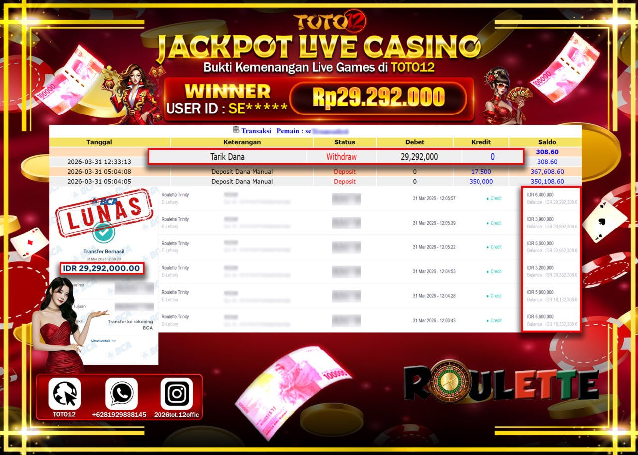 HANYA DI TOTO12 JP PASTI DI BAYAR LUNAS DAN CEPAT!!!!!! JACKPOT LIVE GAMES CASINO (ROULETTE TRINTY) Rp.29.292.000!!!!