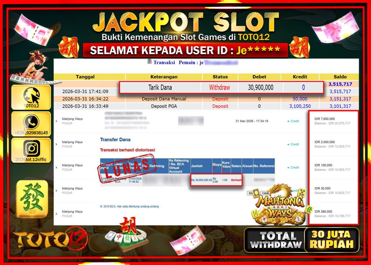 HANYA DI TOTO12 JP PASTI DI BAYAR LUNAS DAN CEPAT!!!!!! JACKPOT SLOT GAME (MAHJONG WAYS) Rp.30.900.000!!!!