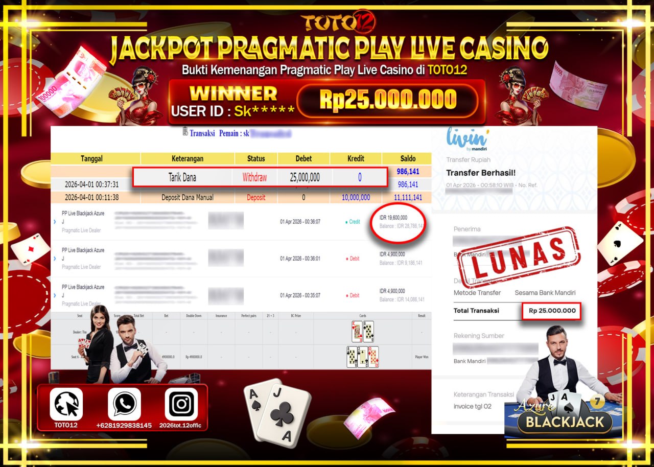 HANYA DI TOTO12 JP PASTI DI BAYAR LUNAS DAN CEPAT!!!!!! JACKPOT PRAGMATIC PLAY LIVE GAME CASINO (PP LIVE BLACKJACK AZURE J) Rp.25.000.000!!!!