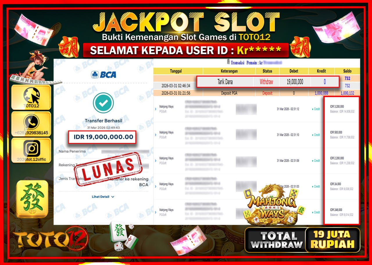 HANYA DI TOTO12 JP PASTI DI BAYAR LUNAS DAN CEPAT!!!!!! JACKPOT SLOT GAME (MAHJONG WAYS) Rp.19.000.000!!!!