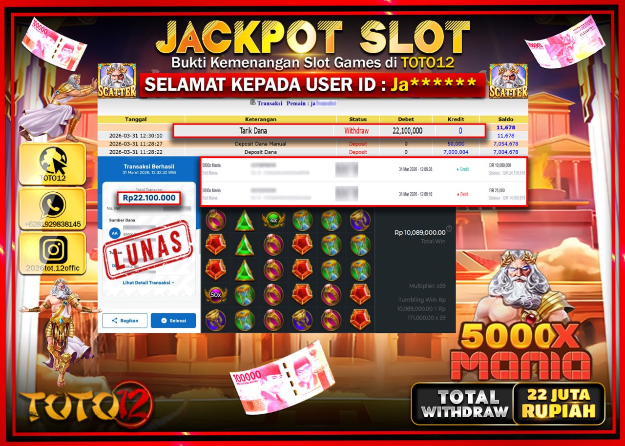 HANYA DI TOTO12 JP PASTI DI BAYAR LUNAS DAN CEPAT!!!!!! JACKPOT SLOT GAME (5000 x MANIA) Rp.22.100.000!!!!