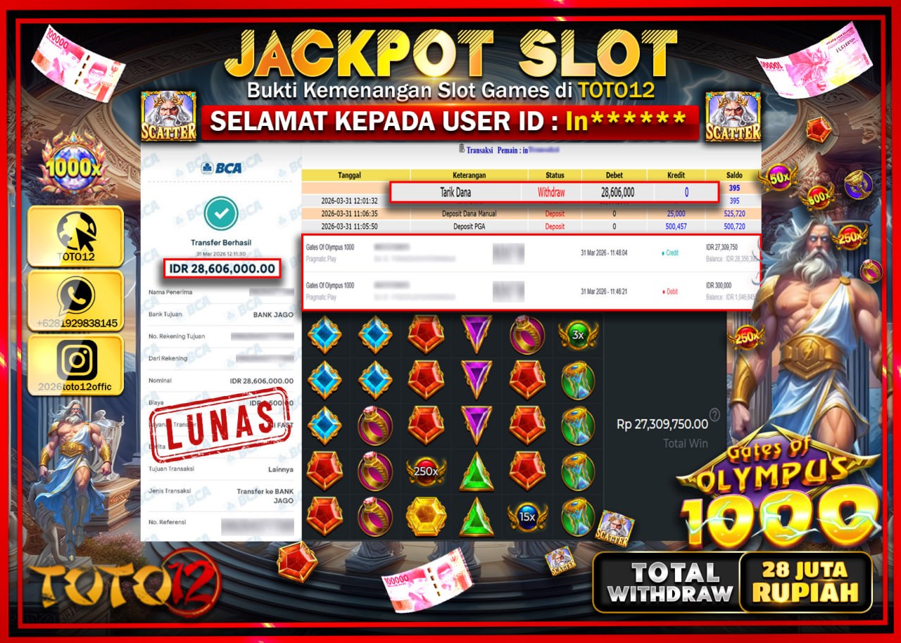 HANYA DI TOTO12 JP PASTI DI BAYAR LUNAS DAN CEPAT!!!!!! JACKPOT SLOT GAME (GATES OF OLYMPUS 1000) Rp.28.606.000!!!!
