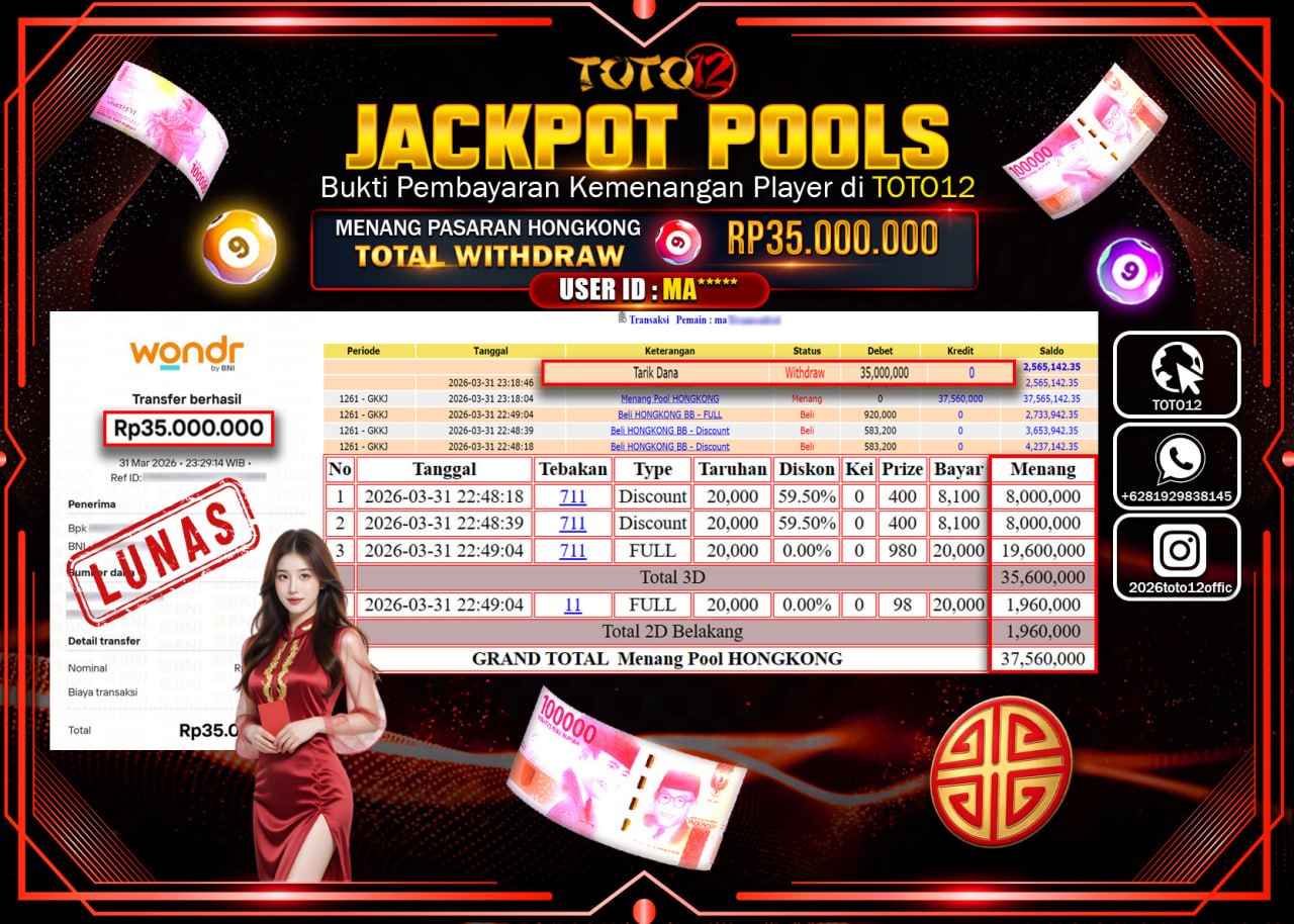 HANYA DI TOTO12 JP PASTI DI BAYAR LUNAS DAN CEPAT!!!!!! JACKPOT POOLS PASARAN(HONGKONG) Rp.35.000.000!!!!