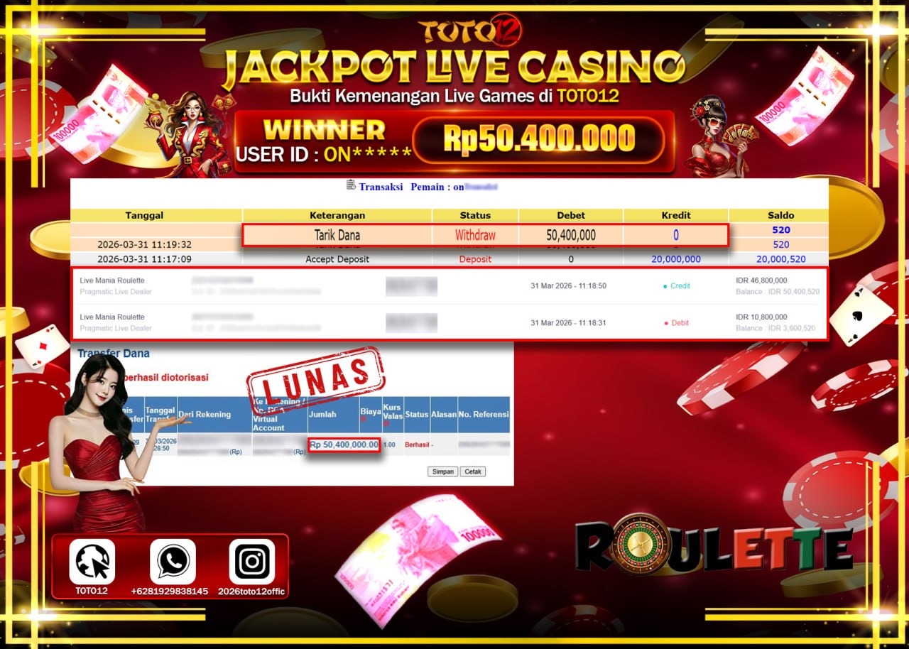 HANYA DI TOTO12 JP PASTI DI BAYAR LUNAS DAN CEPAT!!!!!! JACKPOT LIVE GAMES CASINO (LIVE MANIA ROULETTE) Rp.50.400.000!!!!
